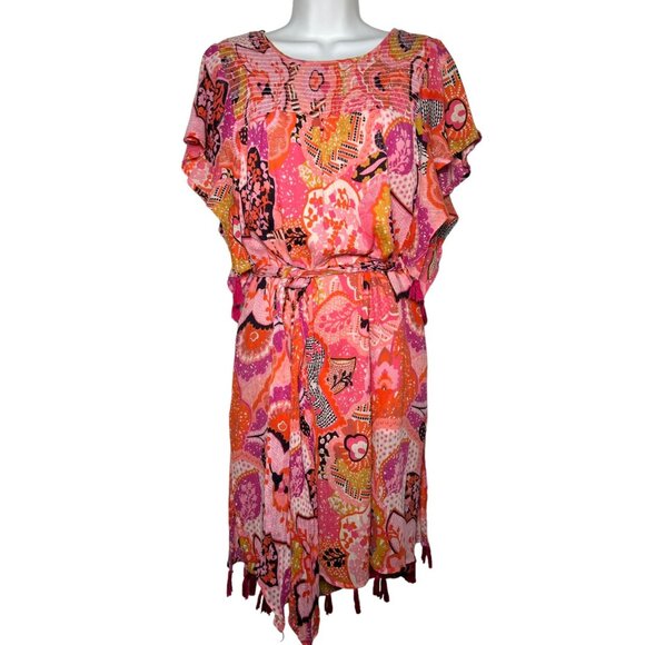 Banjanan Printed Mini Dress Flutter Sleeve Tassel Trim Floral Pink Red Large Boh - Picture 5 of 16